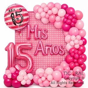 SET DE GLOBOS ARCO XL MIS 15 A�OS TONOS ROSA MA 57 UNIDADES